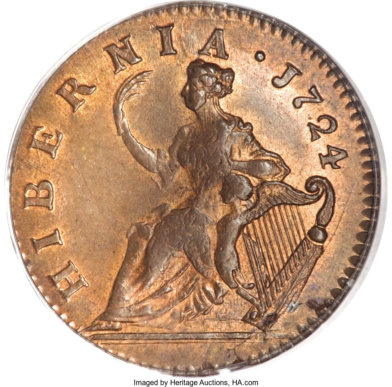image for: 1724 1/2P Hibernia Halfpenny MS65 Red and Brown PCGS....
