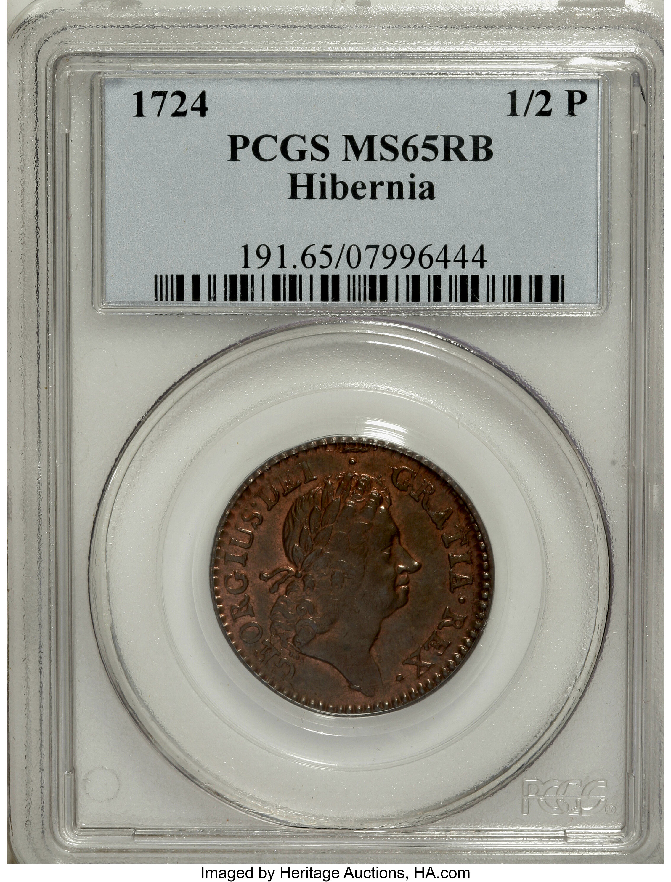 image for: 1724 1/2P Hibernia Halfpenny MS65 Red and Brown PCGS....
