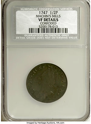 image for: 1747 1/2P Machin's Mills Halfpenny--Corroded--NCS, VF Details,... (Total: 2 coins)