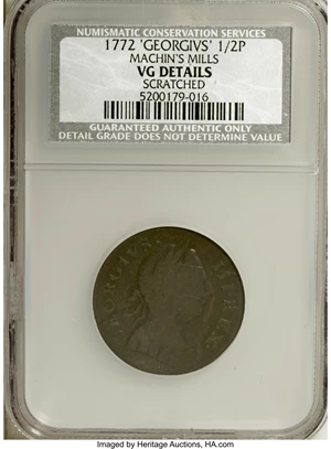 image for: 1747 1/2P Machin's Mills Halfpenny--Corroded--NCS, VF Details,... (Total: 2 coins)