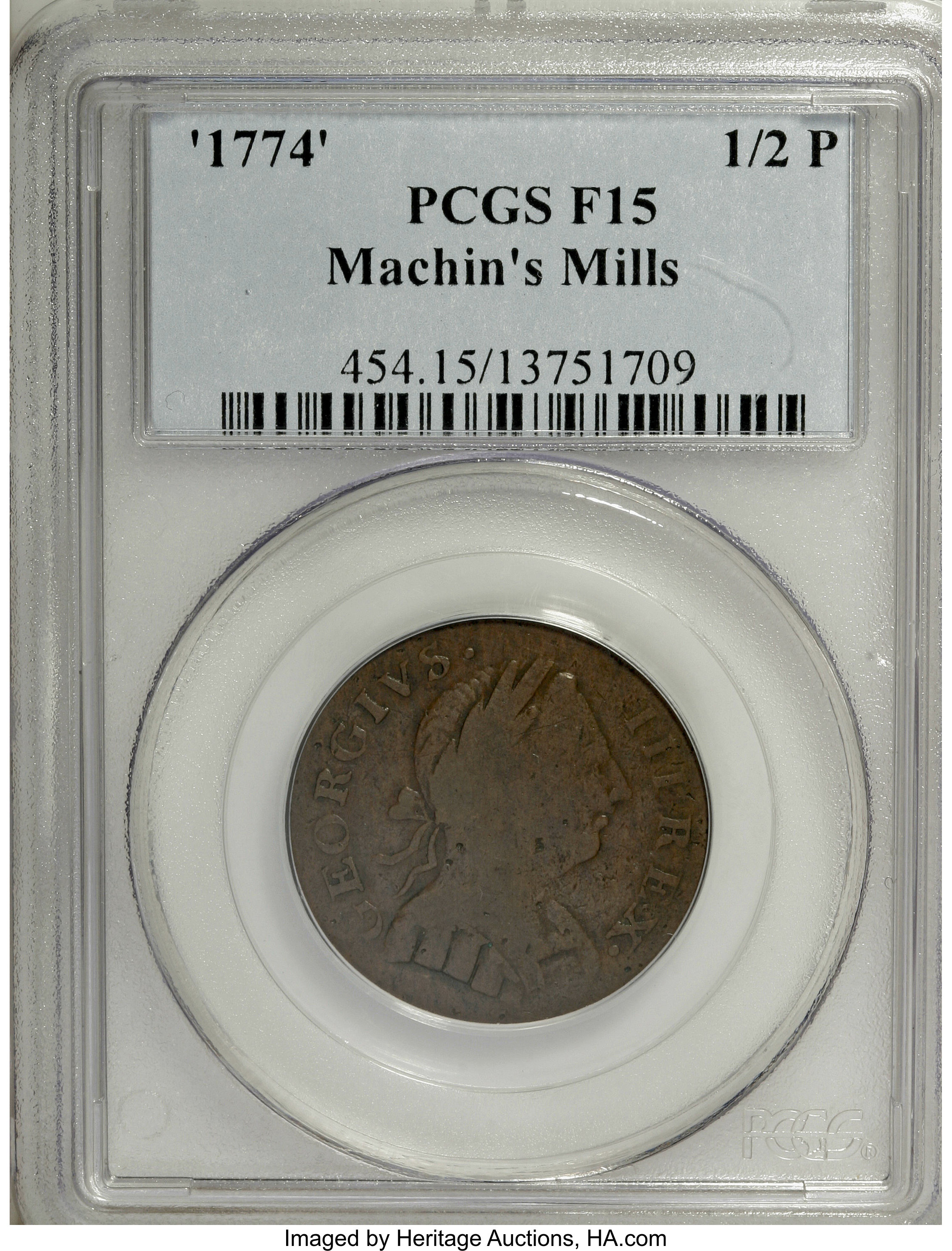 image for: 1774 1/2P Machin's Mills Halfpenny Fine 15 PCGS....