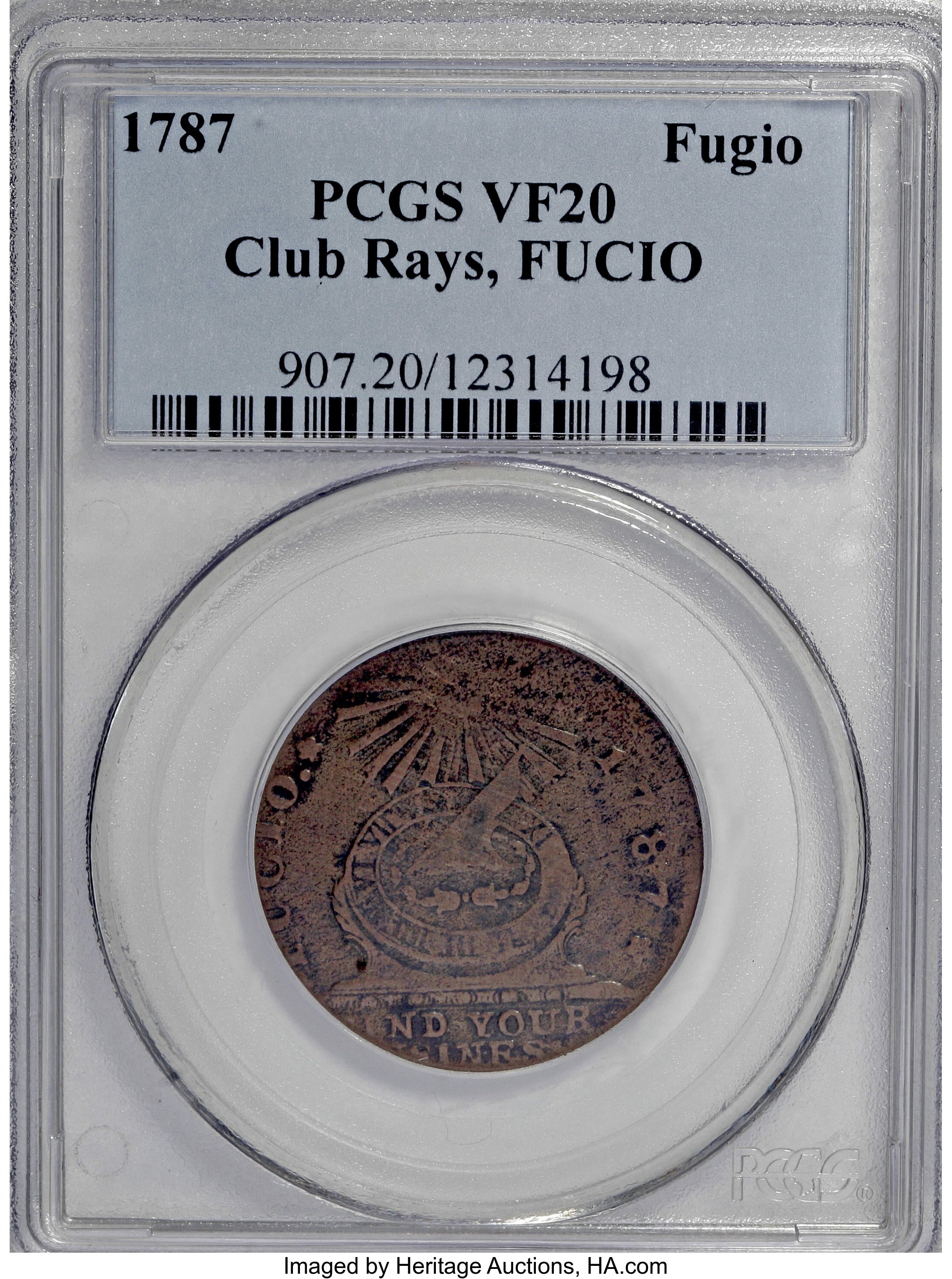 image for: 1787 1C Fugio Cent, Club Rays, Concave Ends, FUCIO VF20 PCGS....