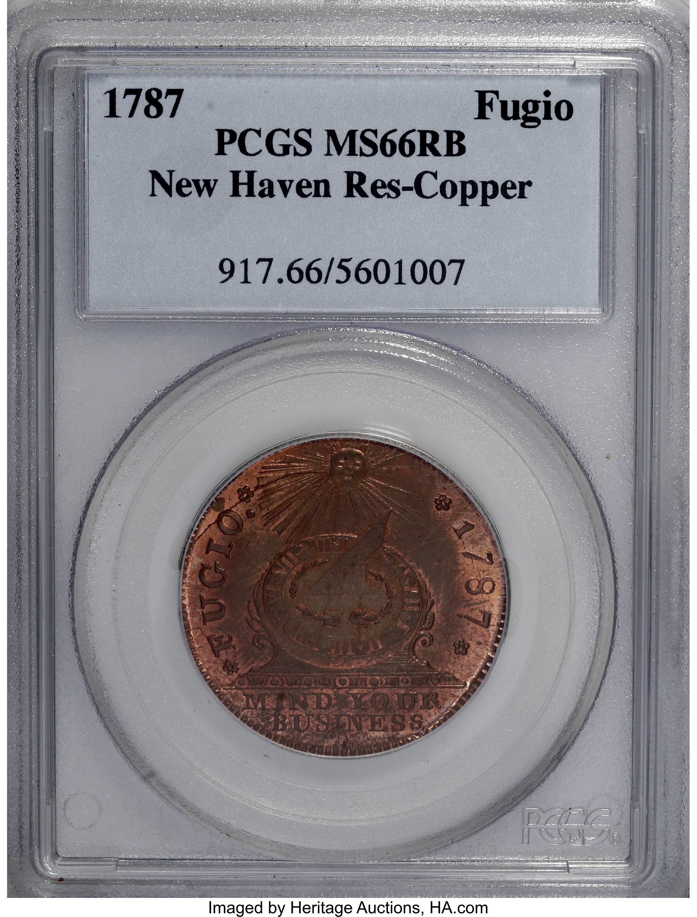 image for: 1787 1C Fugio Cent, New Haven Restrike, Copper MS66 Red and Brown PCGS....