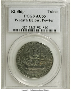 image for: 1778-1779 TOKEN Rhode Island Ship Token, Wreath Below, Pewter AU55 PCGS....