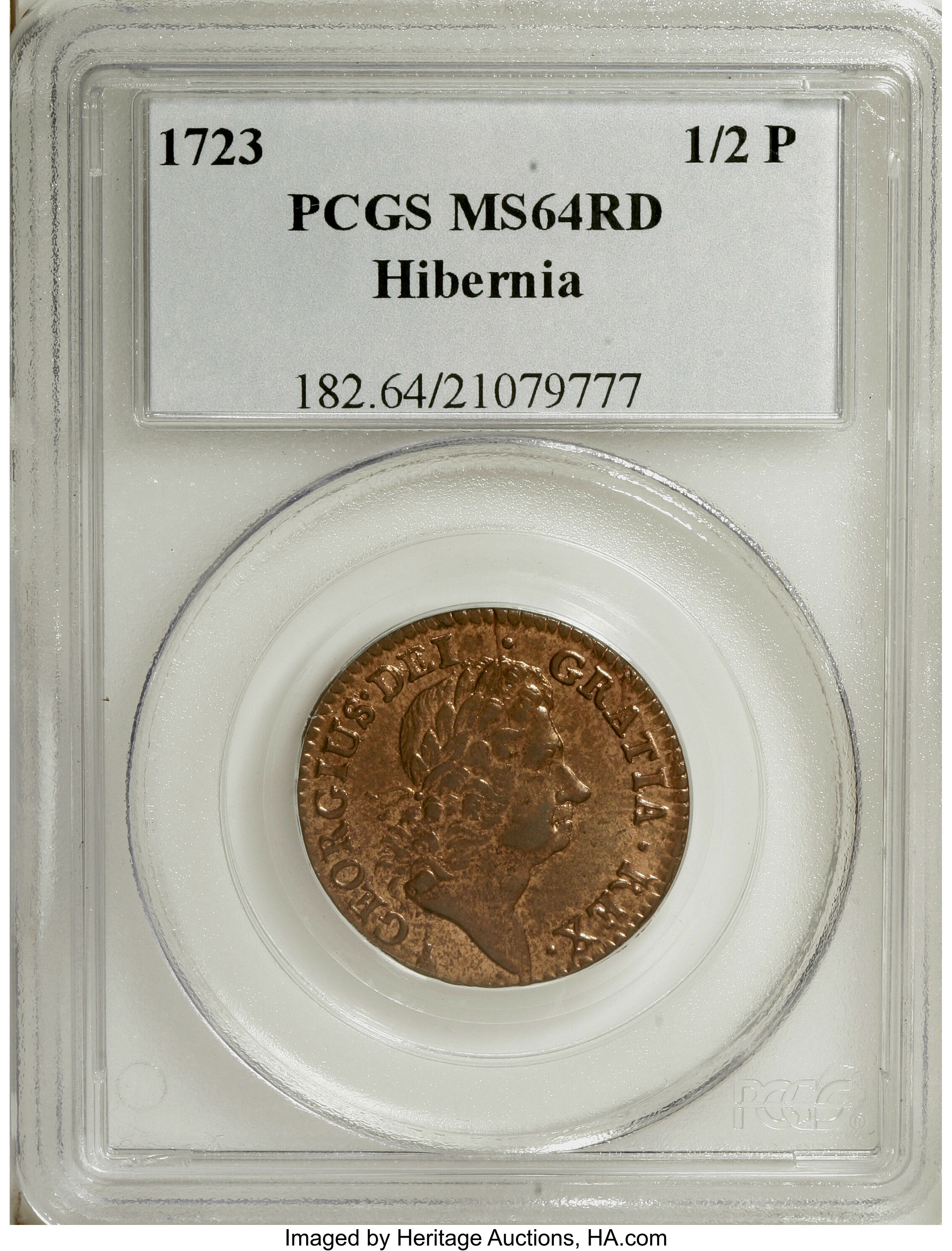 image for: 1723 1/2 P Hibernia Halfpenny MS64 Red PCGS....