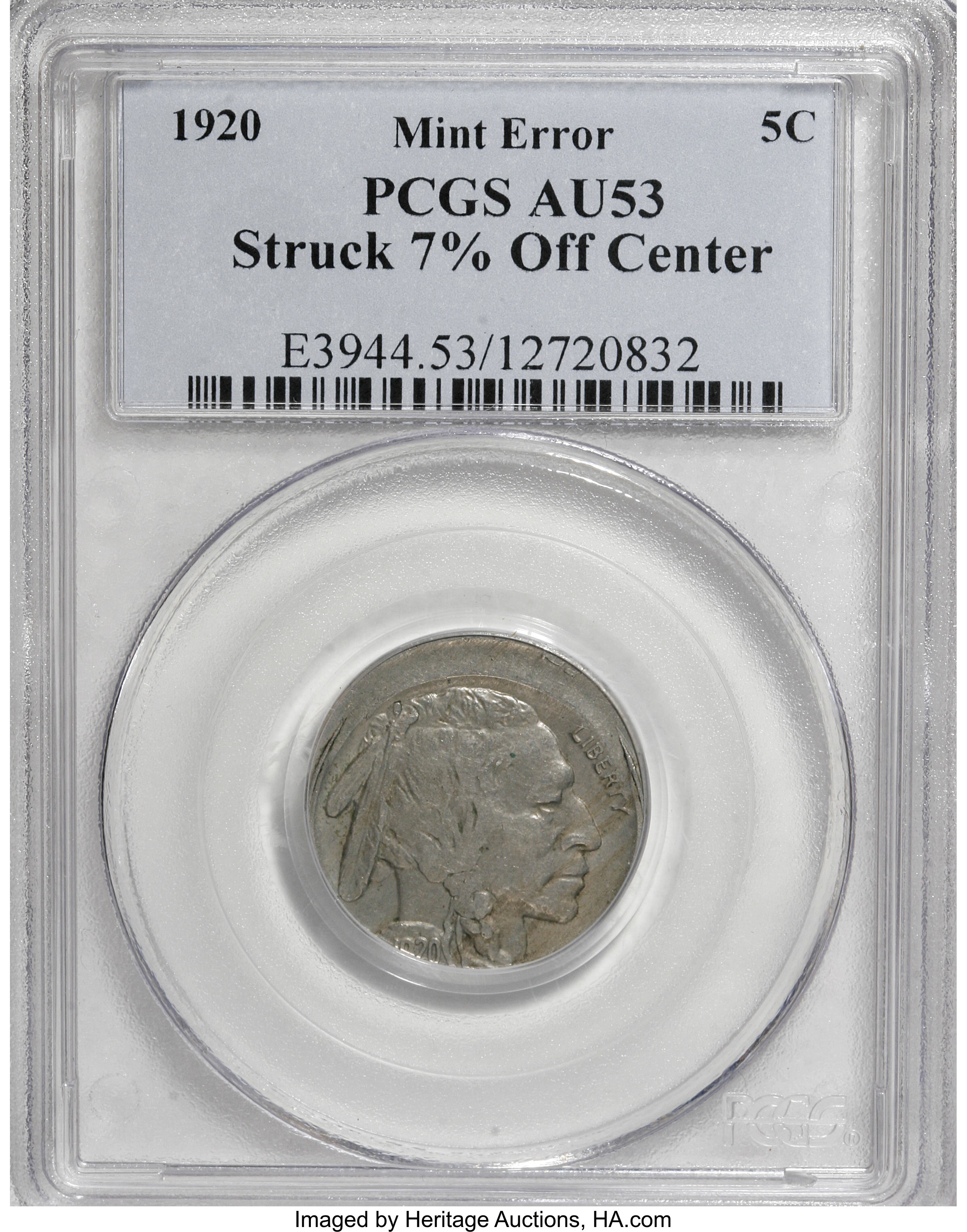 1920 5C Buffalo Nickel--Struck 7% Off-Center--AU53 PCGS. ...