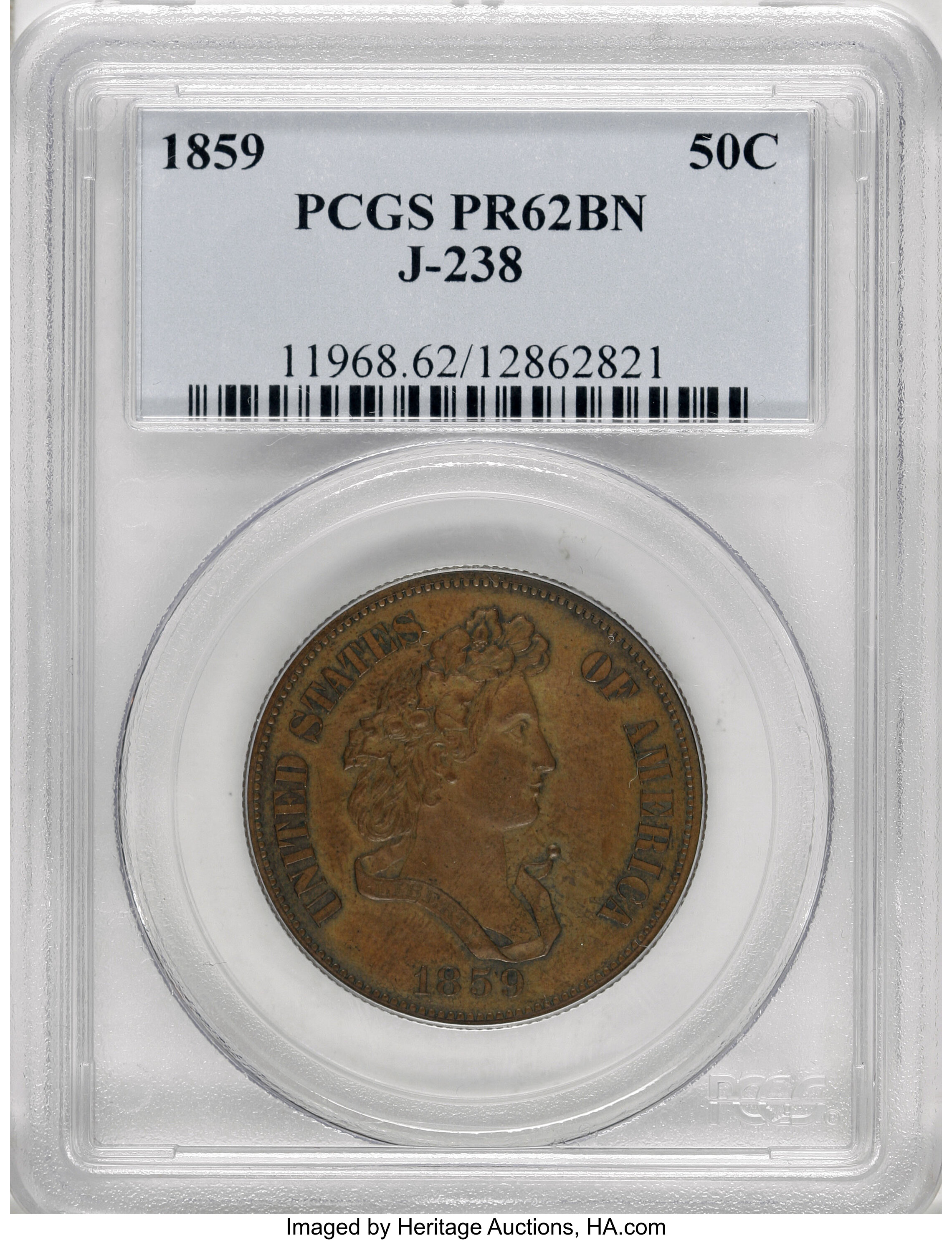 image for: 1859 P50C Half Dollar, Judd-238, Pollock-294, R.5, PR62 Brown PCGS....