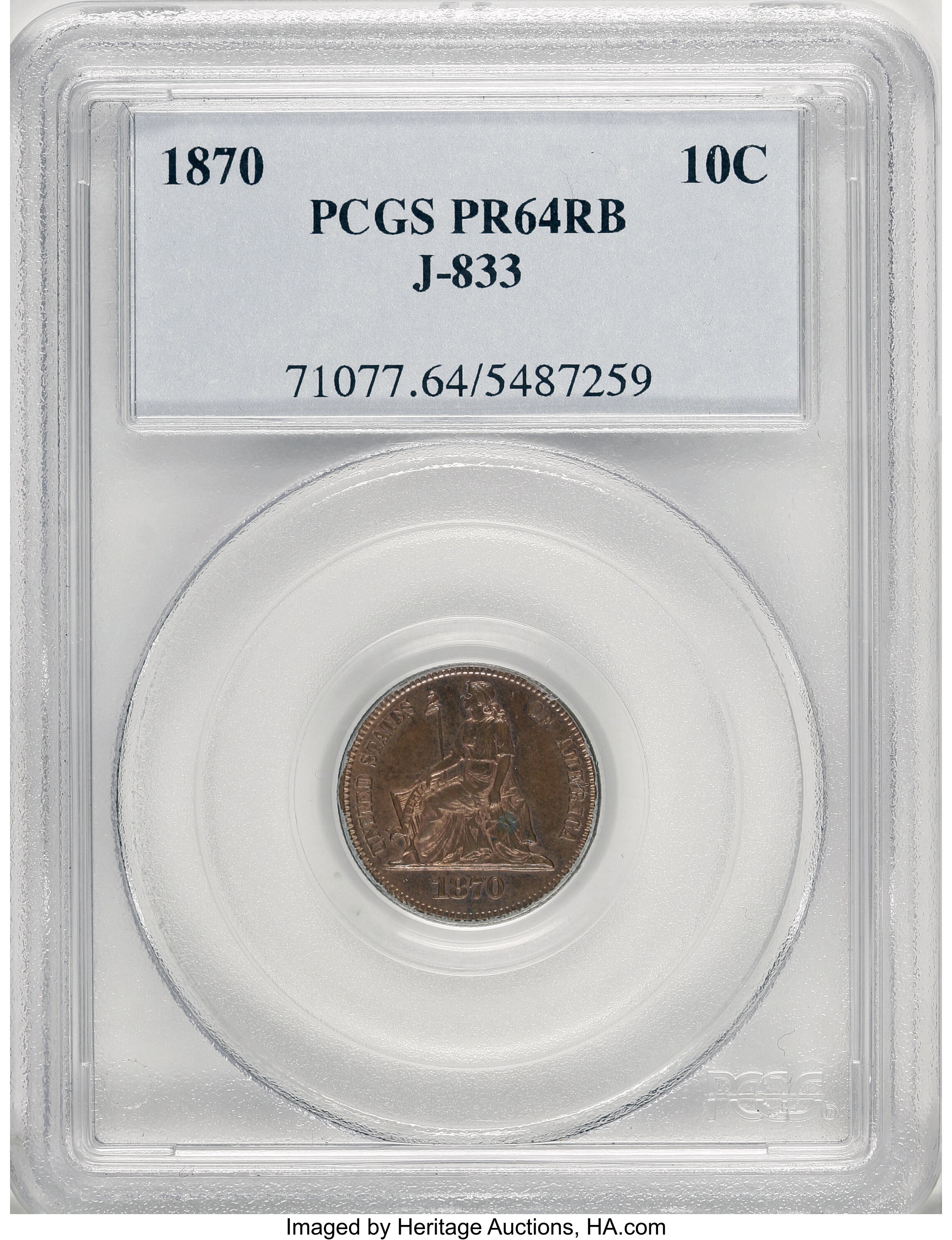 image for: 1870 10C Ten Cents, Judd-833, Pollock-923, High R.6, PR64 Red and Brown PCGS....