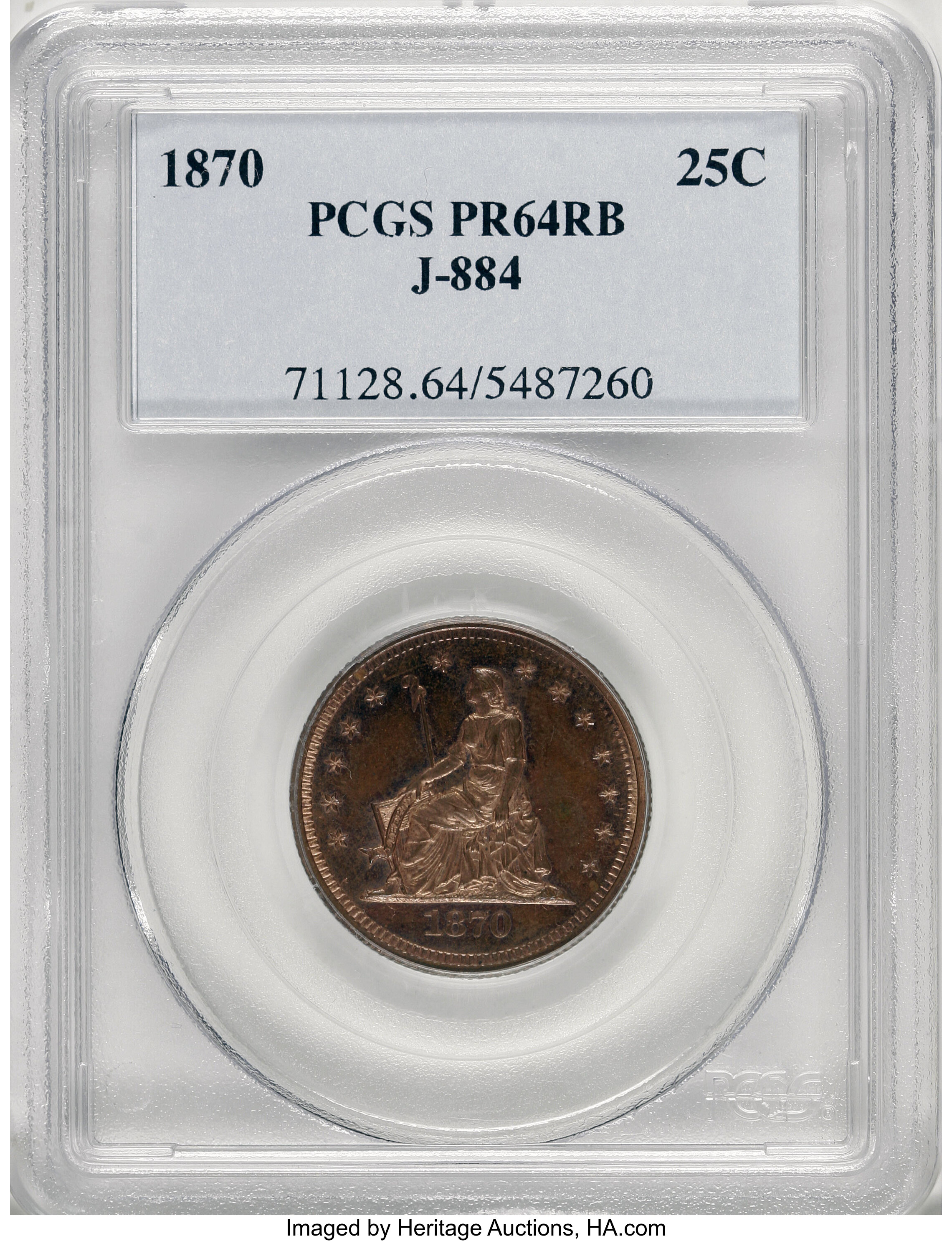 image for: 1870 25C Quarter Dollar, Judd-884, Pollock-982, High R.6, PR64 Red and Brown PCGS....