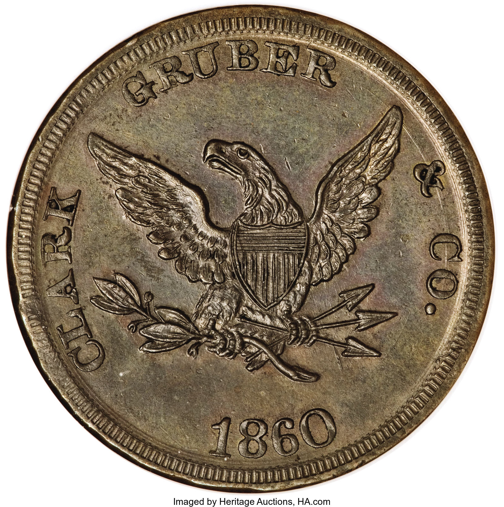 image for: 1860 $20 Clark, Gruber $20 Copper Die Trial MS62 Brown NGC....