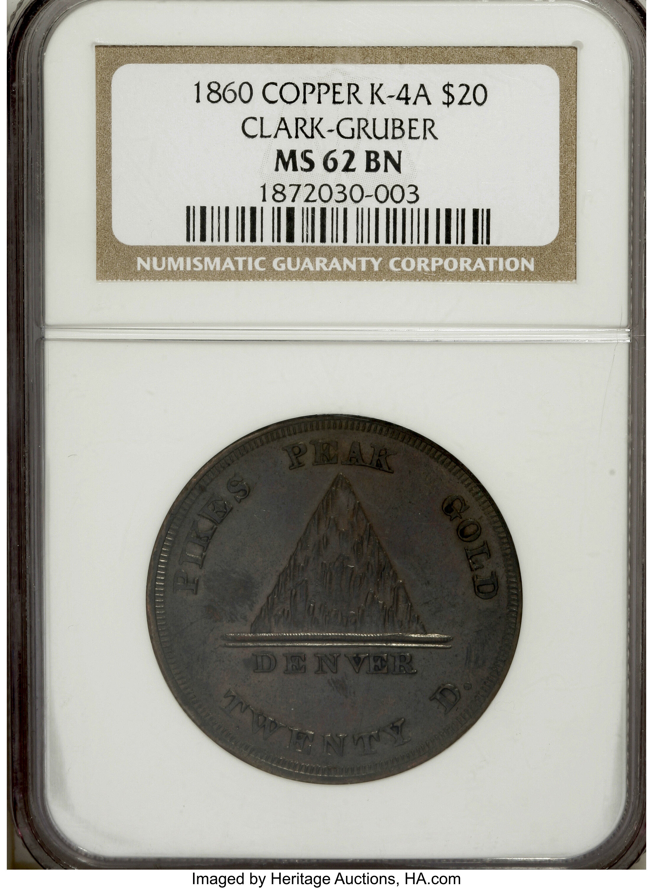 image for: 1860 $20 Clark, Gruber $20 Copper Die Trial MS62 Brown NGC....