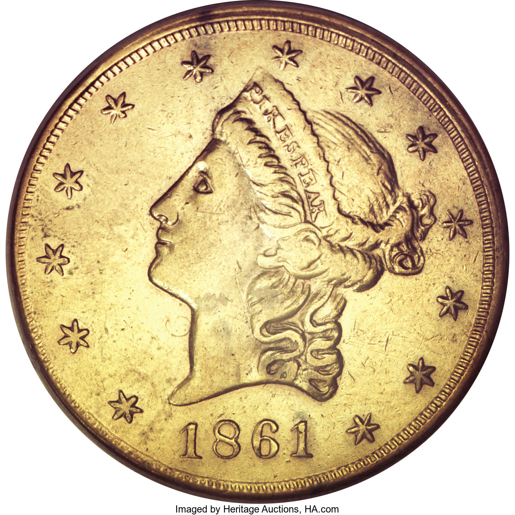 image for: 1861 $20 Clark, Gruber $20 Copper Die Trial--Improperly Cleaned--NCS. AU Details....