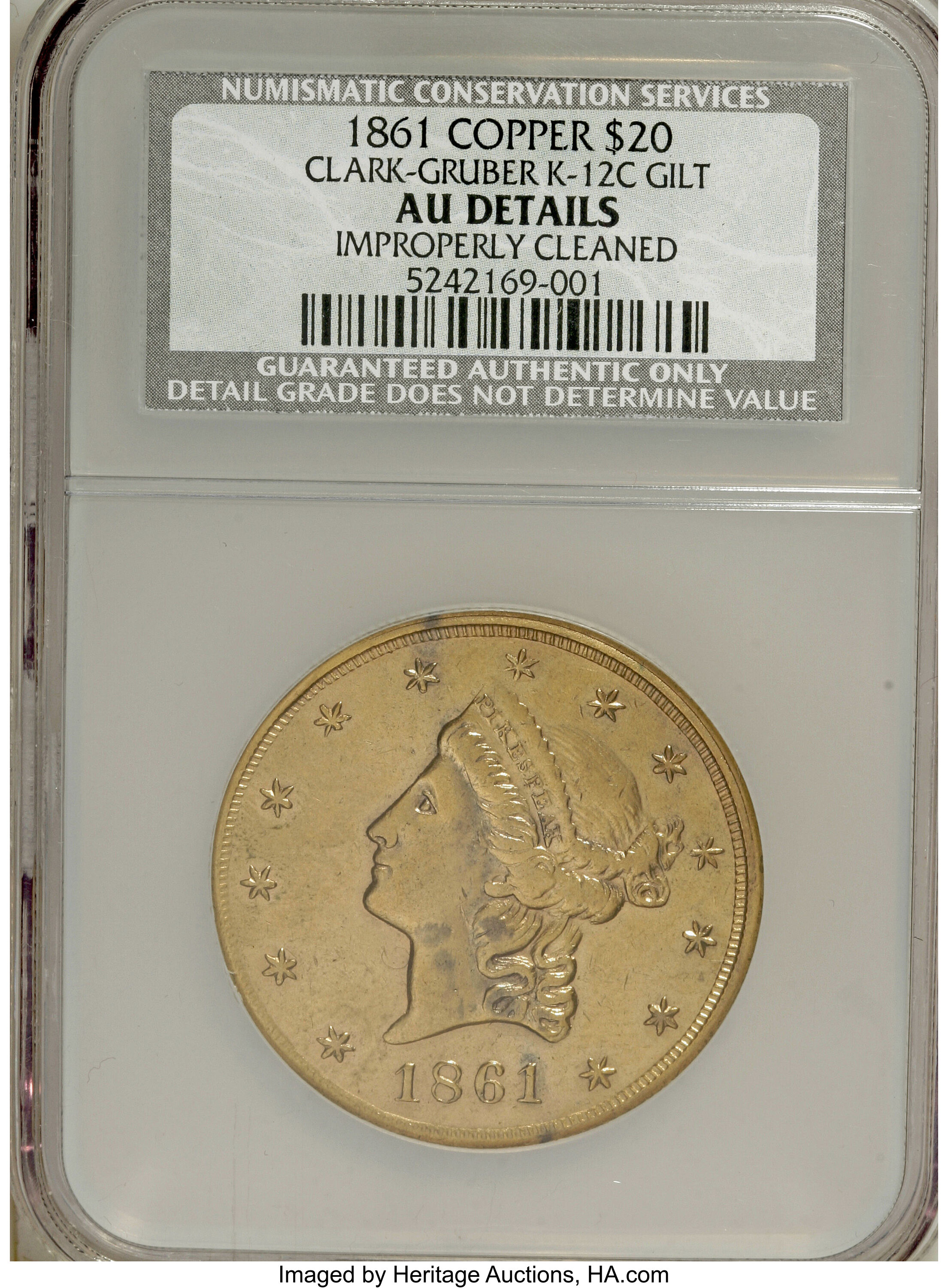 image for: 1861 $20 Clark, Gruber $20 Copper Die Trial--Improperly Cleaned--NCS. AU Details....