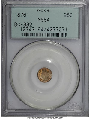 image for: 1876 25C Indian Round 25 Cents, BG-882, R.7, MS64 PCGS....