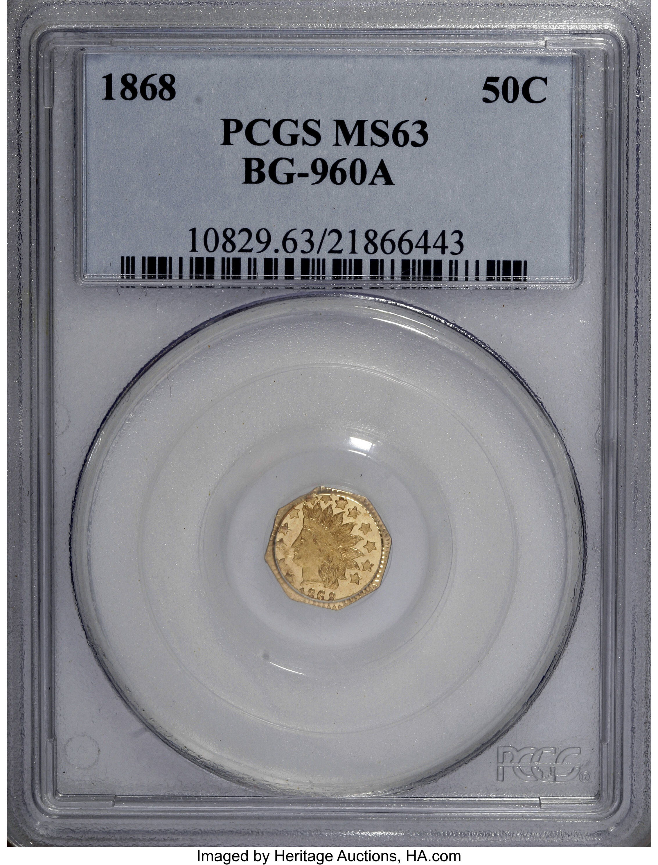 image for: 1868 50C Indian Octagonal 50 Cents, BG-960A, High R.6, MS63 PCGS....