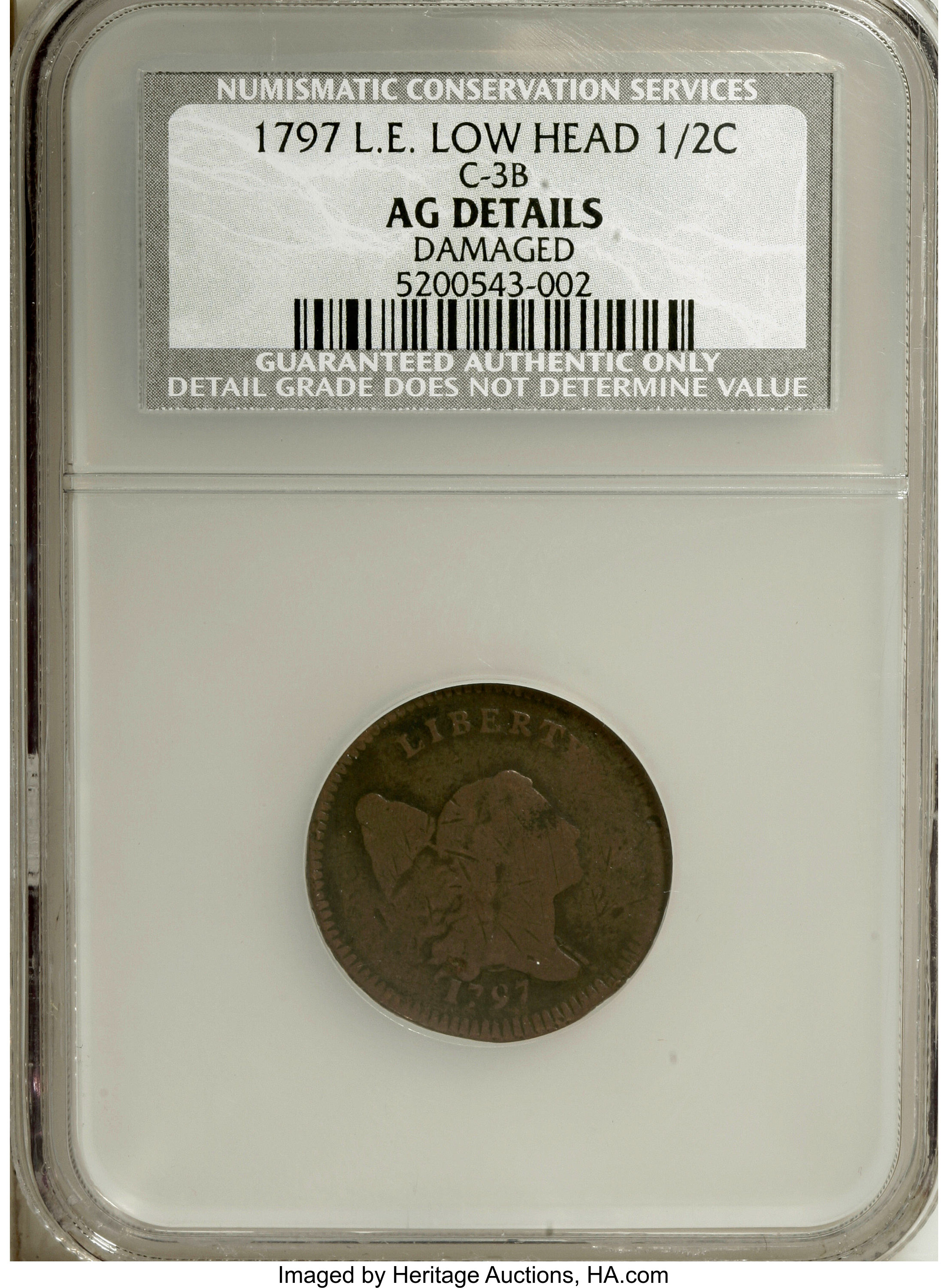 image for: 1797 1/2 C L.E. Low Head--Damaged--NCS. AG Details.  C-3B. NGC Census: (0/3). PCGS Population (1/4). Mintage: 127,840. Numi...