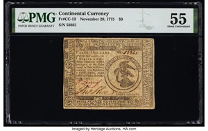 image for: Continental Currency November 29, 1775 $3 PMG About Uncirculated 55....