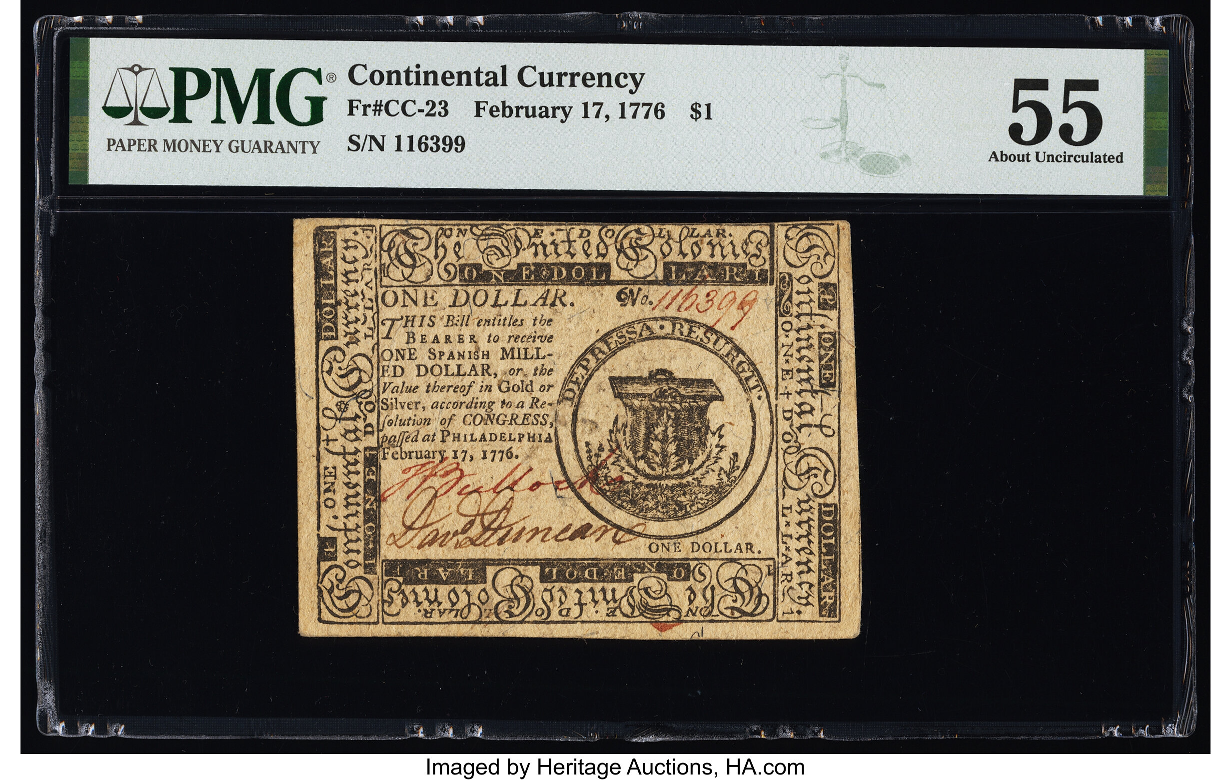image for: Continental Currency February 17, 1776 $1 PMG About Uncirculated 55....