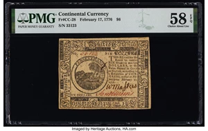 image for: Continental Currency February 17, 1776 $6 PMG Choice About Unc 58 EPQ....