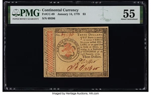 image for: Continental Currency January 14, 1779 $3 PMG About Uncirculated 55....