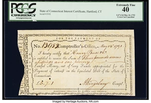 image for: State of Connecticut Interest Certificate 3L/7s/1d PCGS Extremely Fine 40, CC....