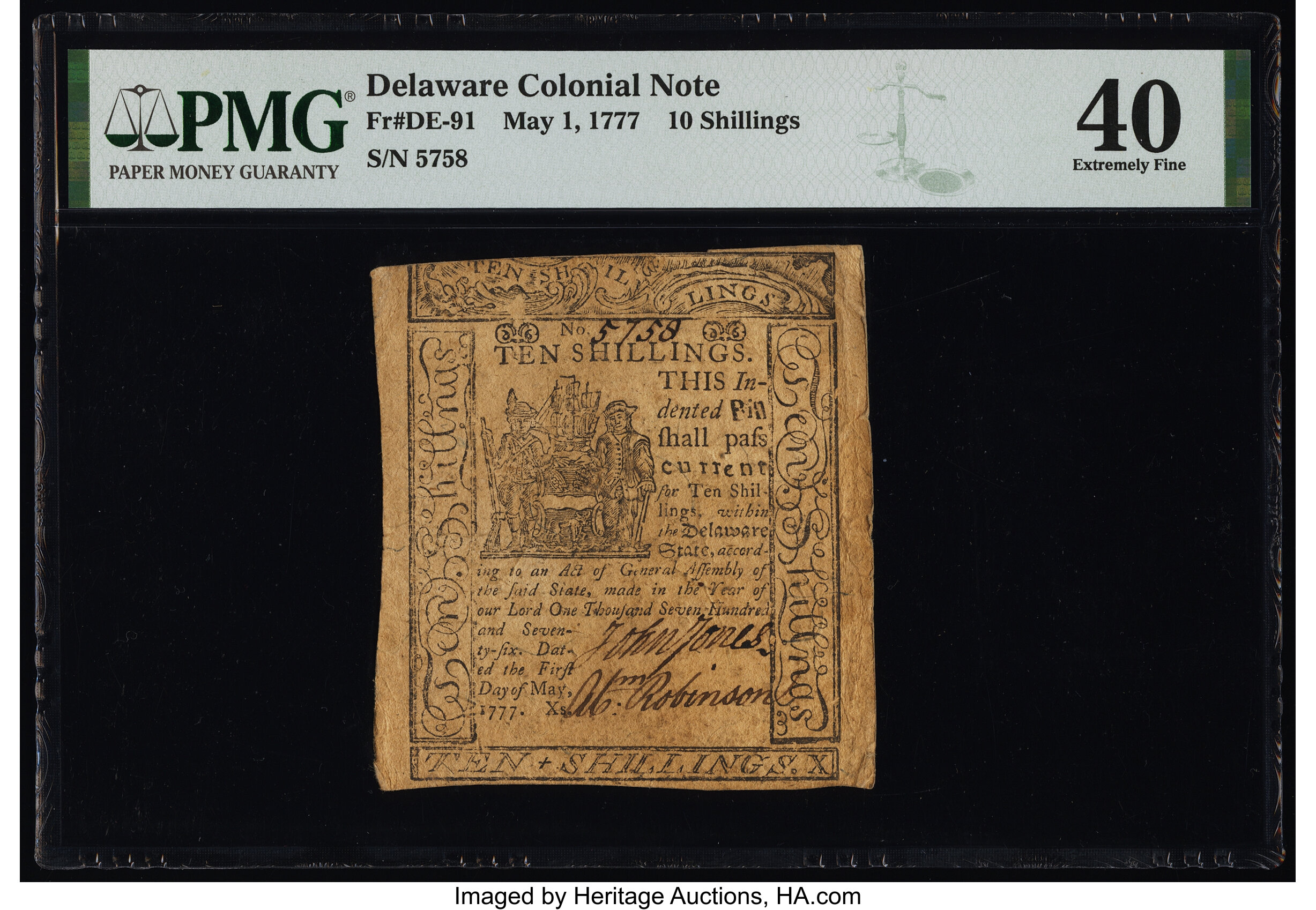 image for: Delaware May 1, 1777 10s PMG Extremely Fine 40....