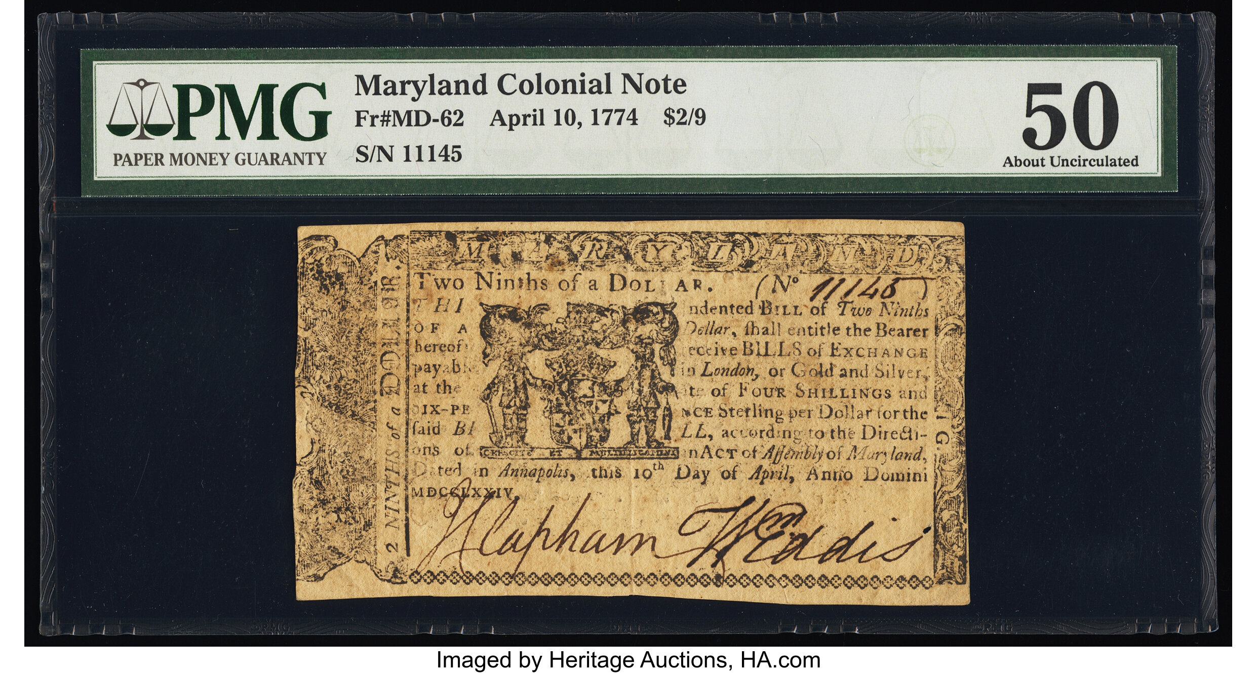 image for: Maryland April 10, 1774 $2/9 PMG About Uncirculated 50....