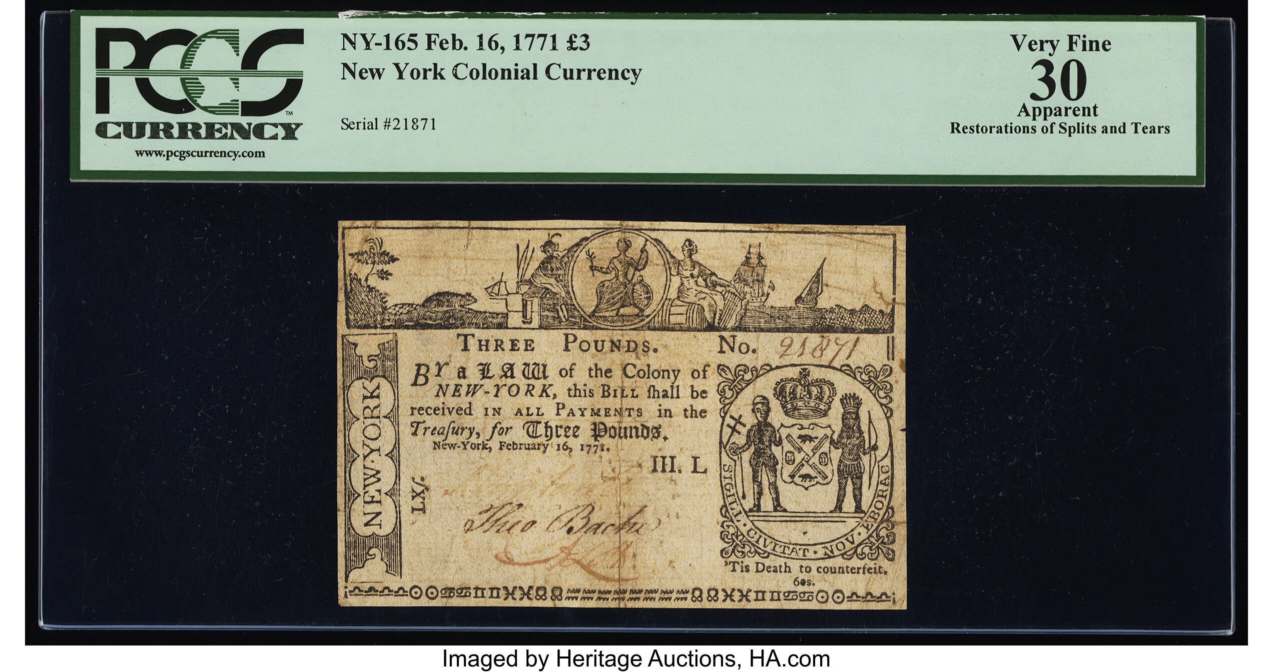 image for: New York February 16, 1771 £3 PCGS Apparent Very Fine 30....