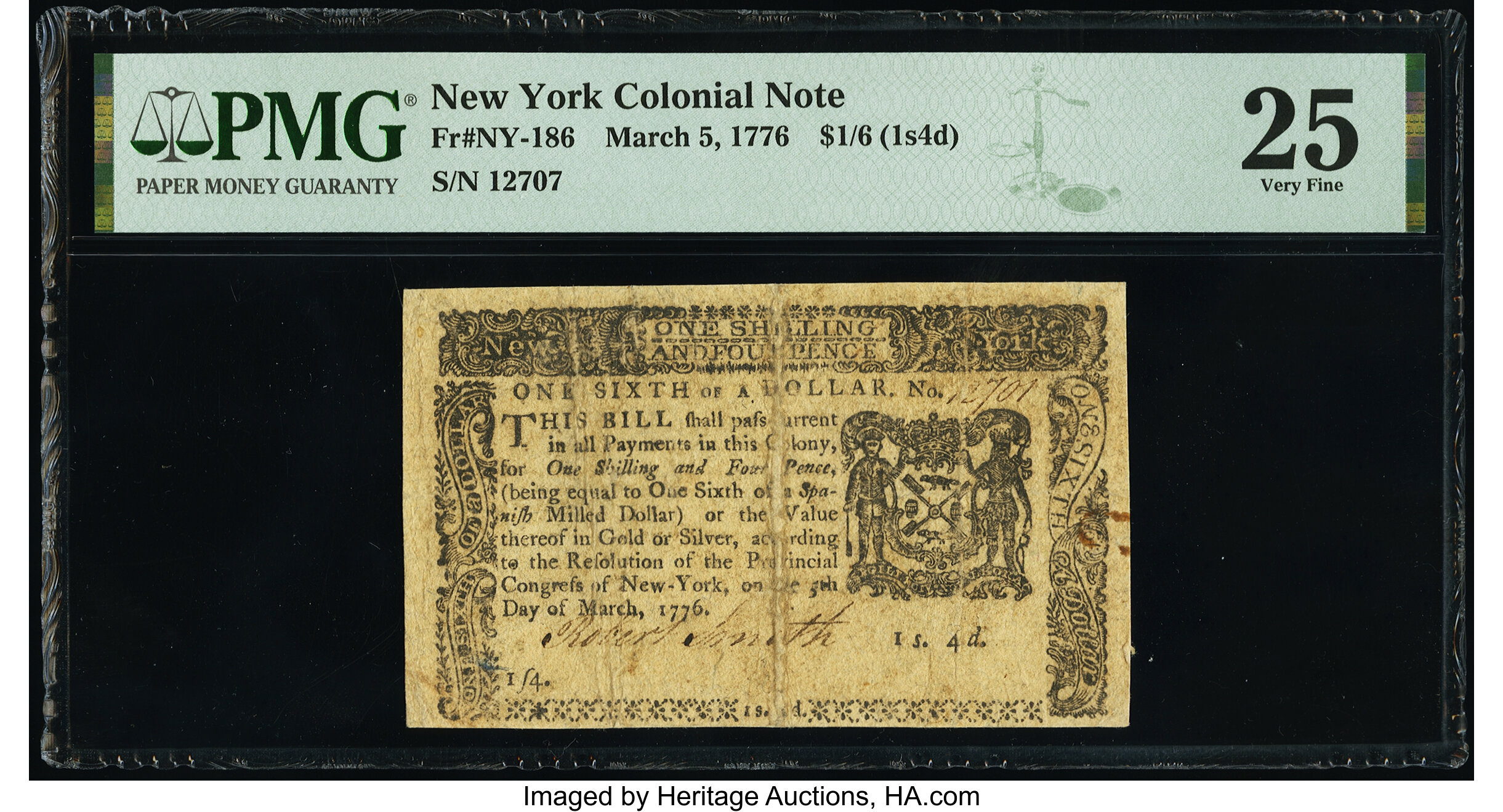 image for: New York March 5, 1776 $1/6 PMG Very Fine 25....