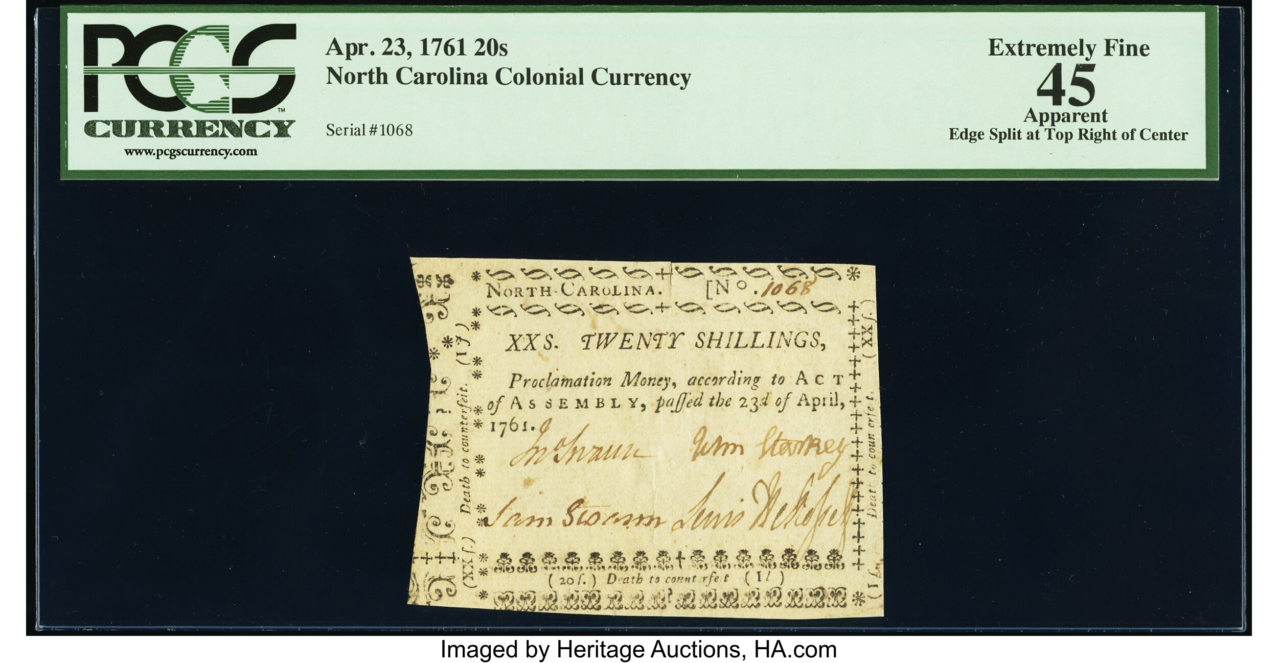 image for: North Carolina April 23, 1761 20s PCGS Apparent Extremely Fine 45....