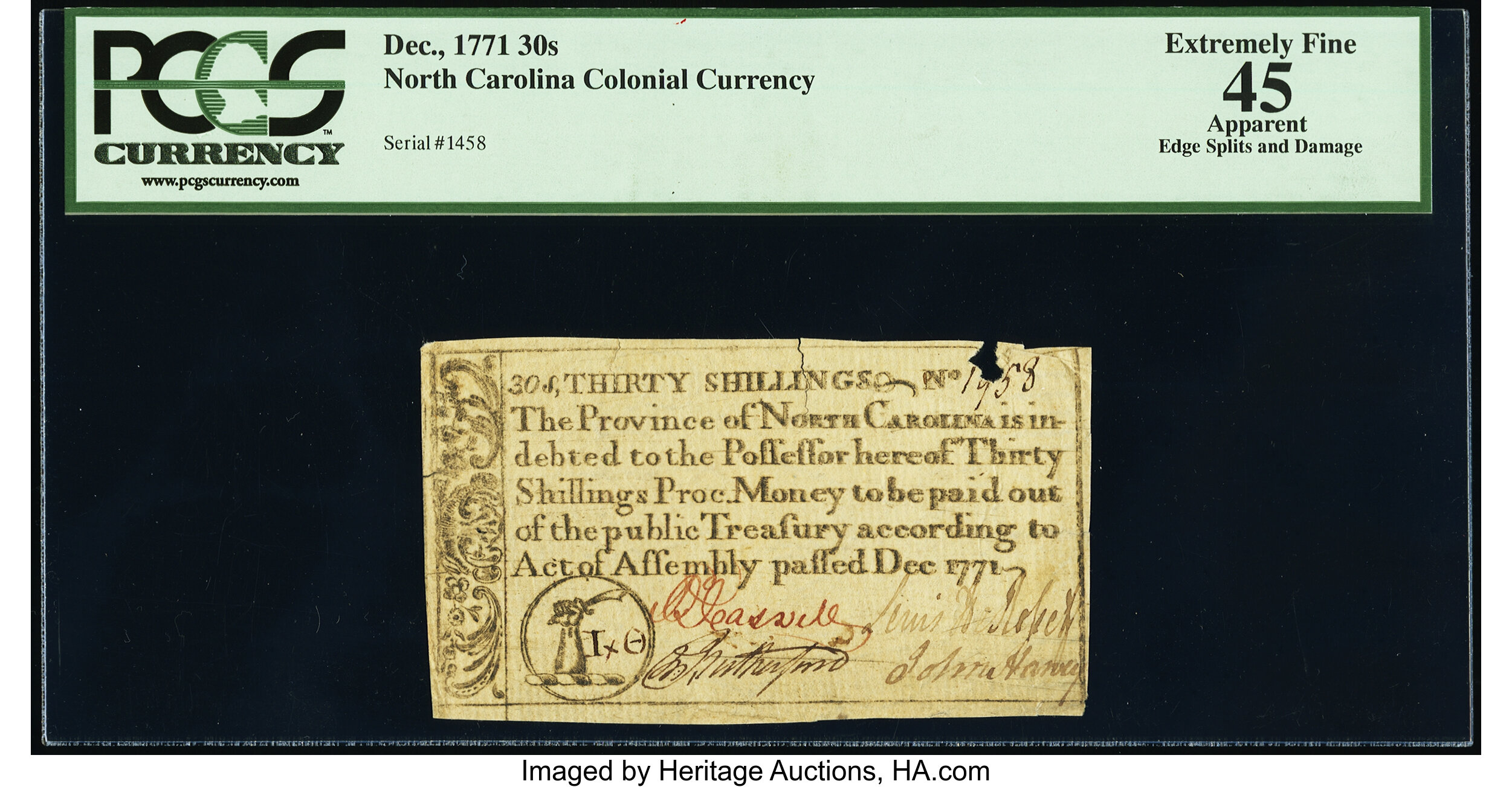 image for: North Carolina December, 1771 30s PCGS Apparent Extremely Fine 45....