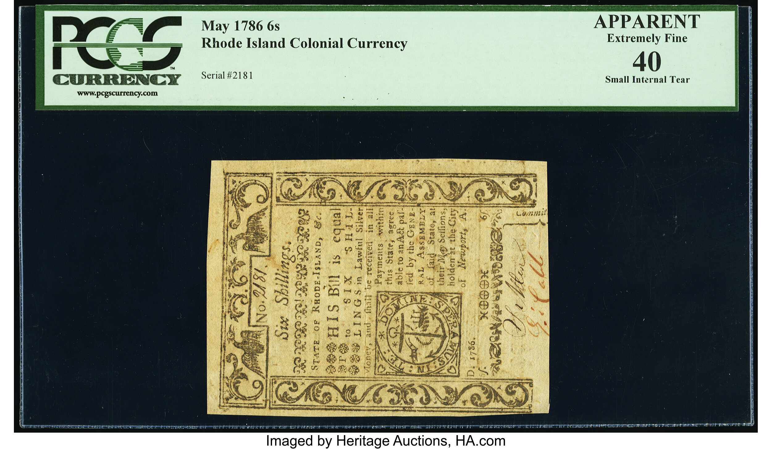 image for: Rhode Island May 1786 6s PCGS Apparent Extremely Fine 40....