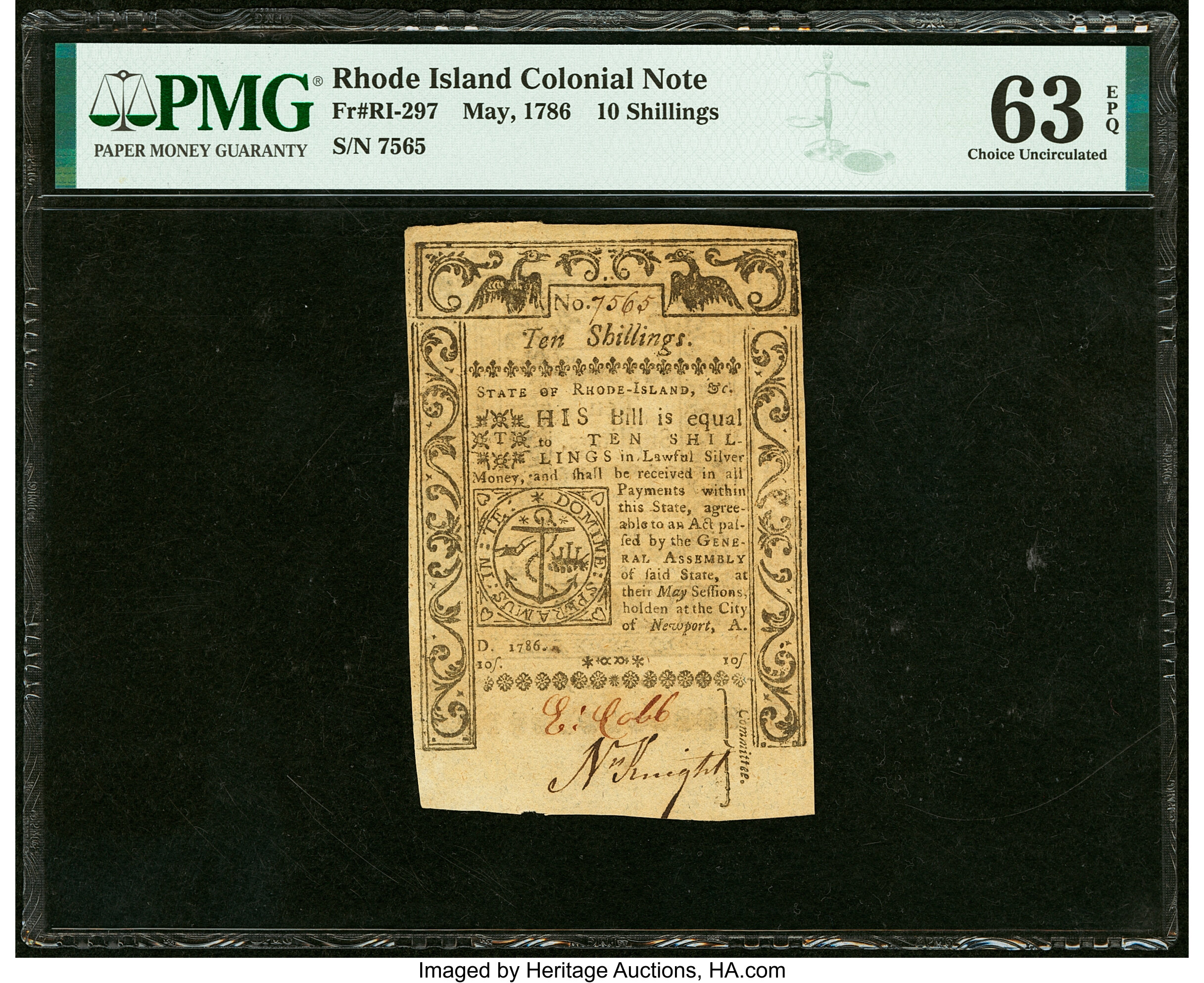 image for: Rhode Island May 1786 10s PMG Choice Uncirculated 63 EPQ....