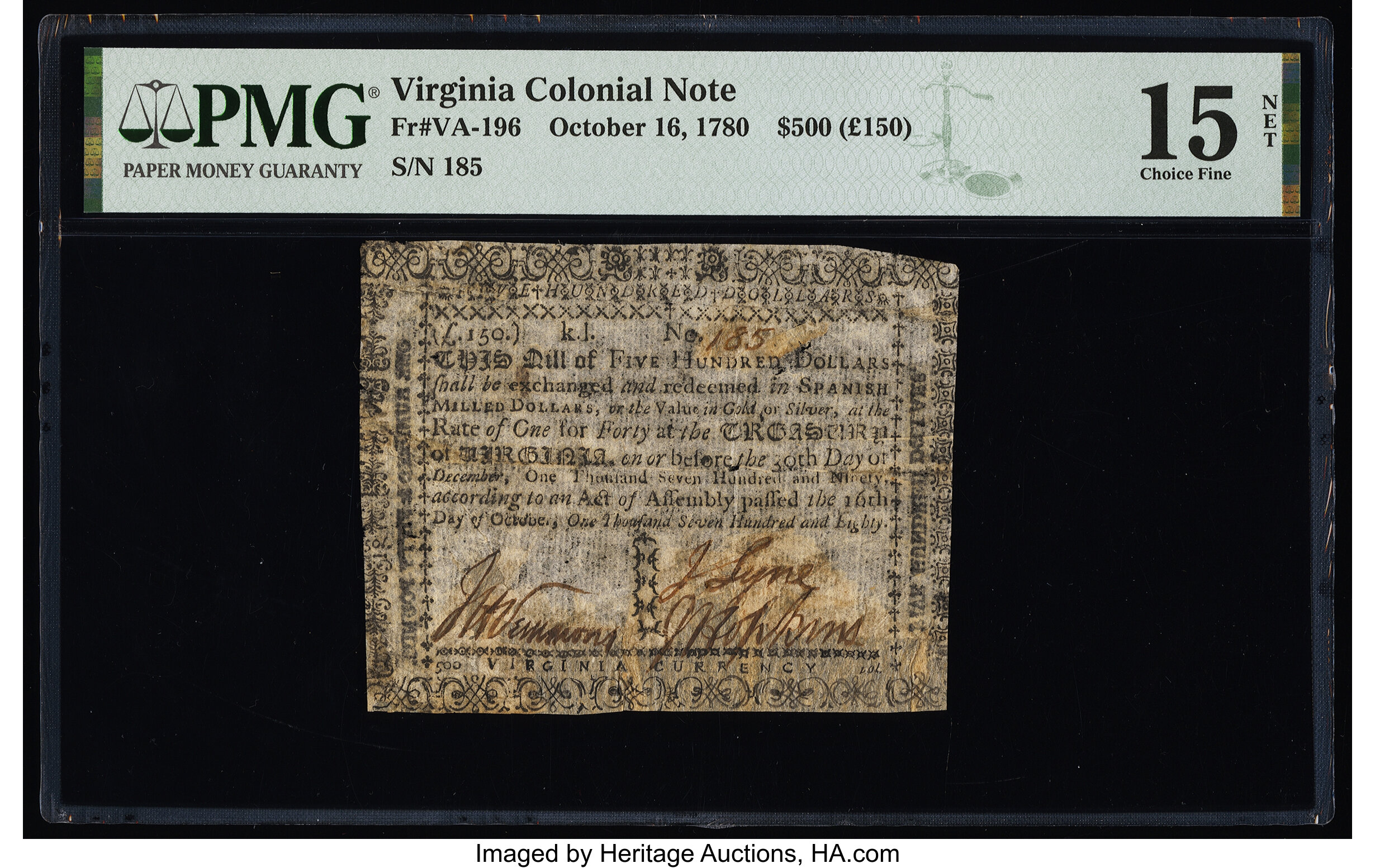 image for: Virginia October 16, 1780 $500 PMG Choice Fine 15 Net....