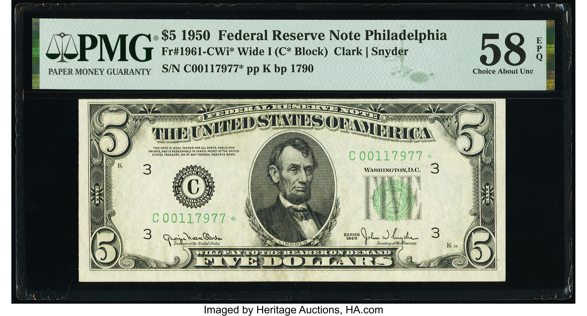 image for: Fr. 1961-C* $5 1950 Wide I Federal Reserve Star Note. PMG Choice About Unc 58 EPQ....