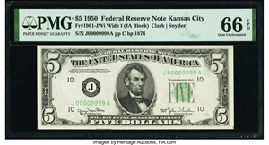 image for: Low Fancy Serial Number 9999 Fr. 1961-J $5 1950 Wide I Federal Reserve Note. PMG Gem Uncirculated 66 EPQ....