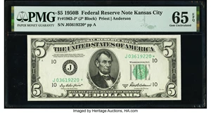 image for: Fr. 1963-J* $5 1950B Federal Reserve Star Note. PMG Gem Uncirculated 65 EPQ....