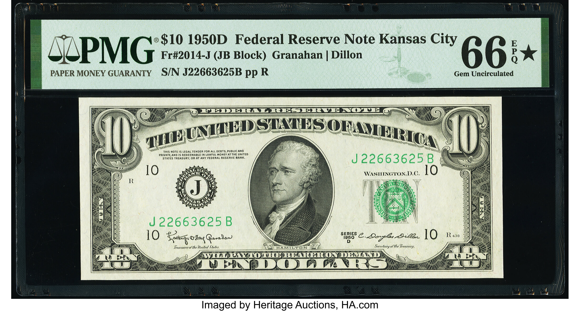 image for: Fr. 2014-J $10 1950D Federal Reserve Note. PMG Gem Uncirculated 66 EPQ*....