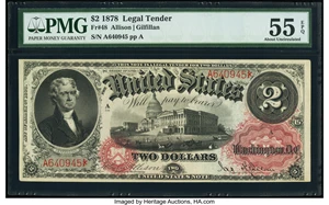 image for: Fr. 48 $2 1878 Legal Tender PMG About Uncirculated 55 EPQ....