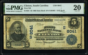 image for: Clinton, SC - $5 1902 Date Back Fr. 591 First National Bank Ch. # (S)8041 PMG Very Fine 20....
