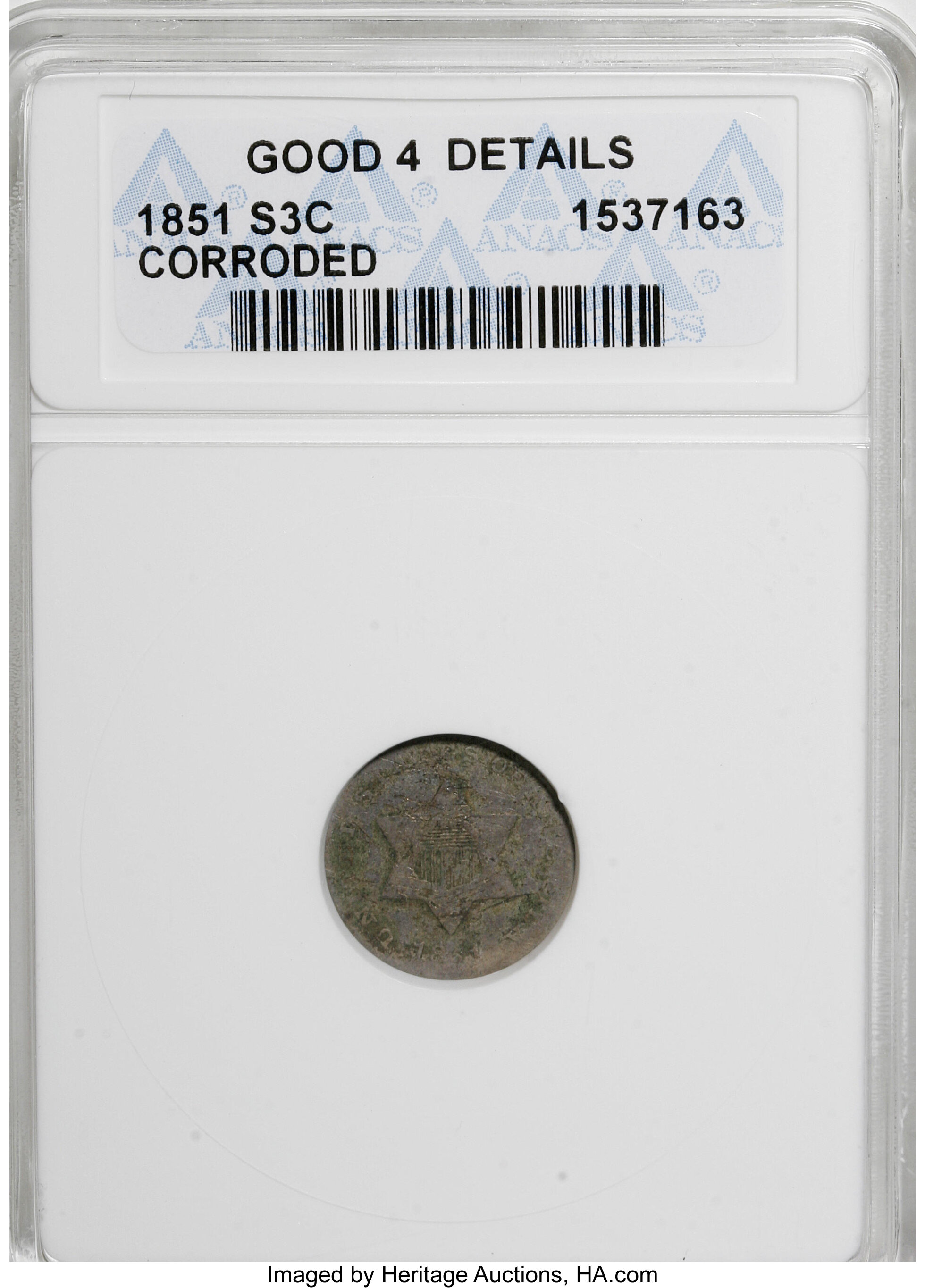 1851 3CS --Corroded--G4 ANACS. Good 4 Details. NGC Census: (0/984). PCGS Population (0/1152). Mintage: 5,447,400. Numismedia...