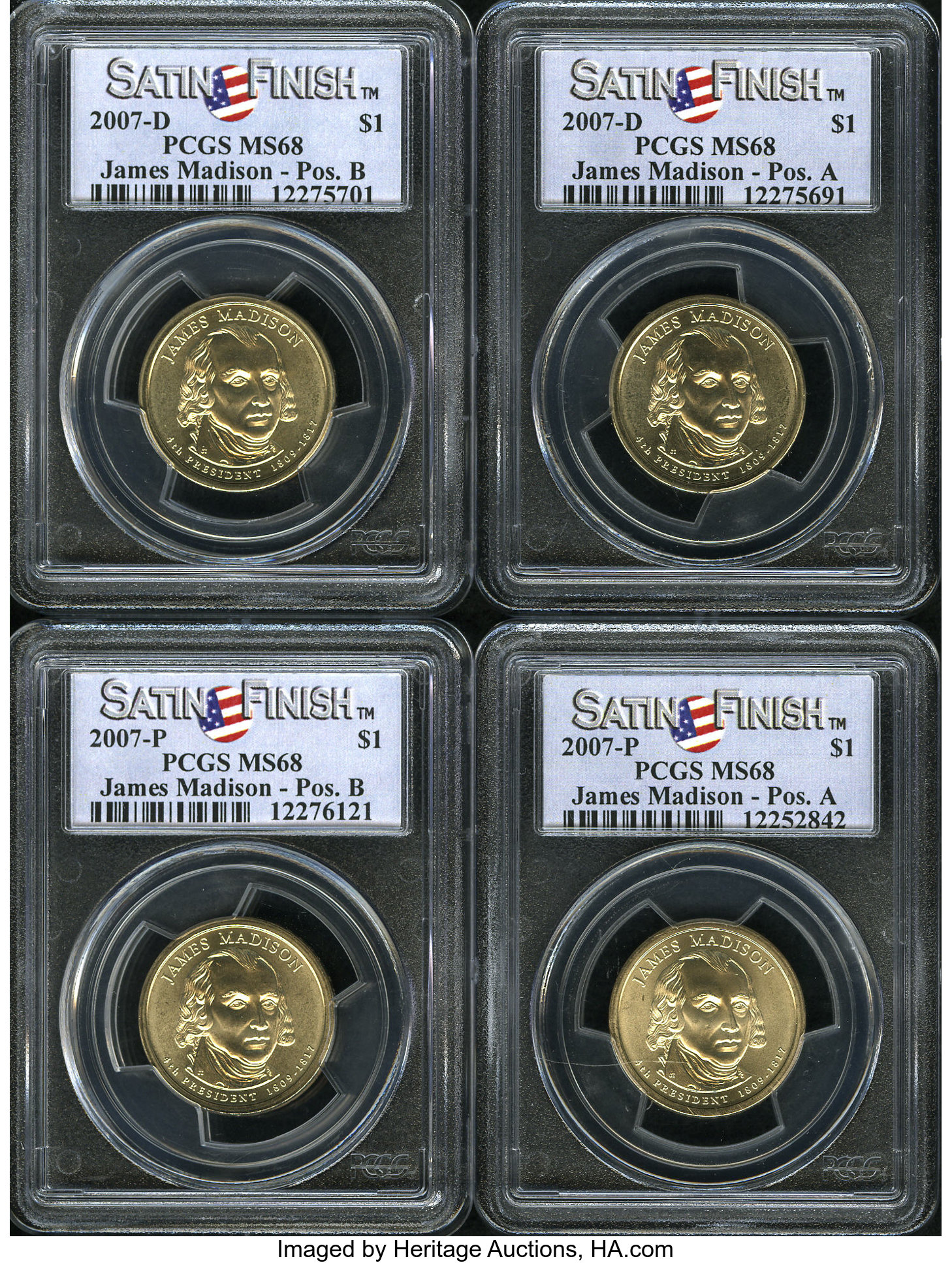 2007-P $1 Set of 4 Presidential Dollars, Madison, Satin Finish Position A MS68 PCGS . The Set includes 2007-P Position A to P... (Total: 4 Item)