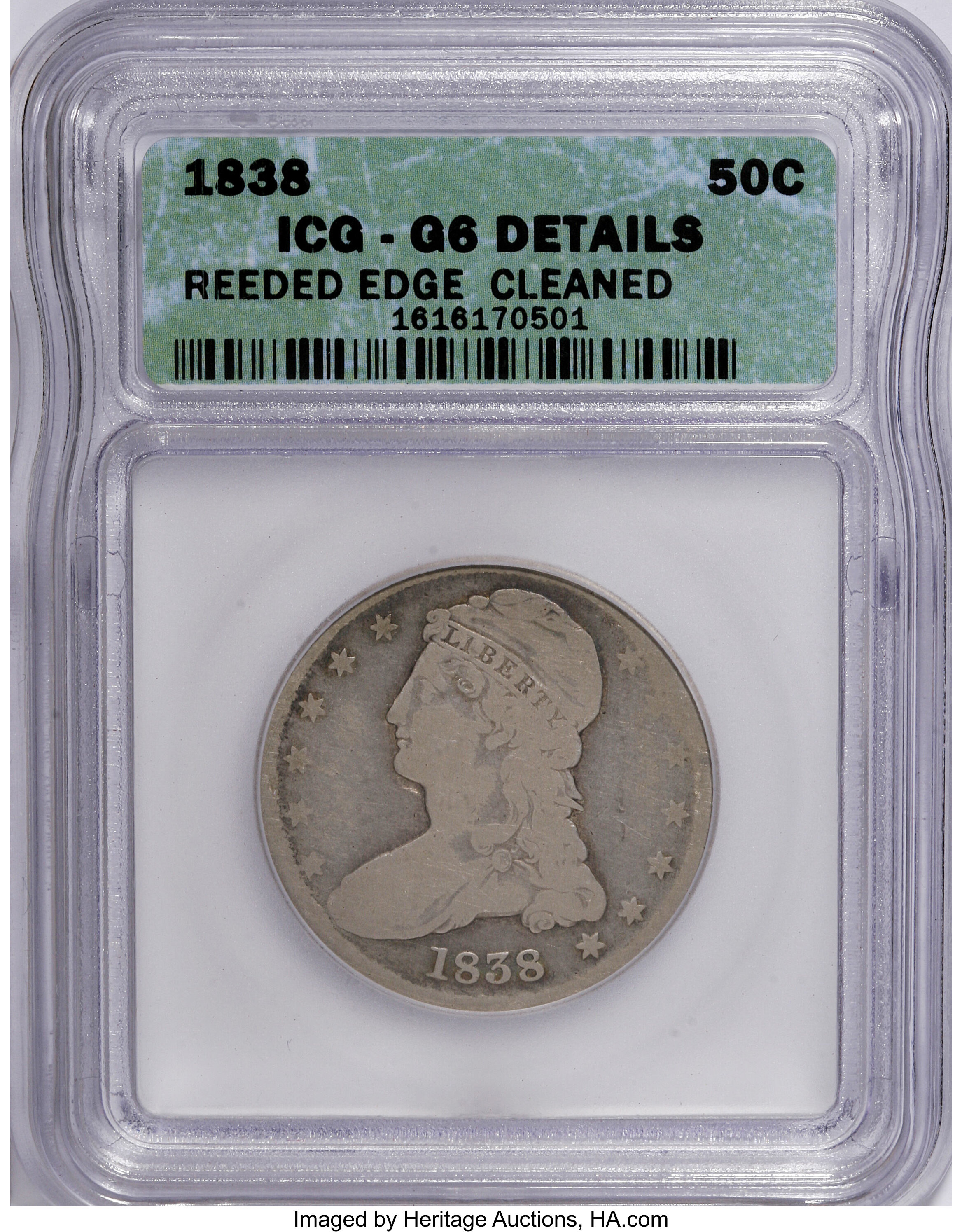 1838 50C Reeded Edge--Cleaned--ICG. G6 Details. NGC Census: (1/721). PCGS Population (1/714). Mintage: 3,546,000. Numismedia...