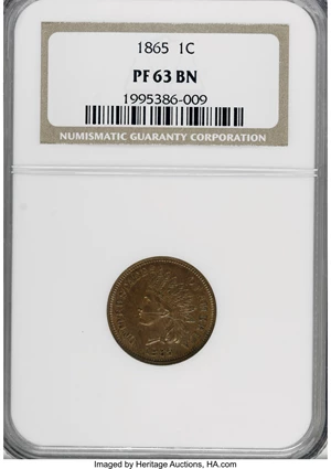 image for: 1865 1C PR63 Brown NGC. NGC Census: (6/21). PCGS Population (4/10). Mintage: 500. Numismedia Wsl. Price for NGC/PCGS coin i...