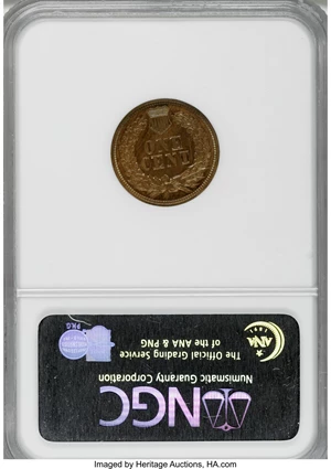 image for: 1865 1C PR63 Brown NGC. NGC Census: (6/21). PCGS Population (4/10). Mintage: 500. Numismedia Wsl. Price for NGC/PCGS coin i...