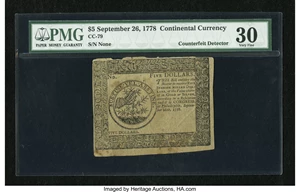 image for: Continental Currency Counterfeit Detector September 26, 1778 $5 PMG Very Fine 30....
