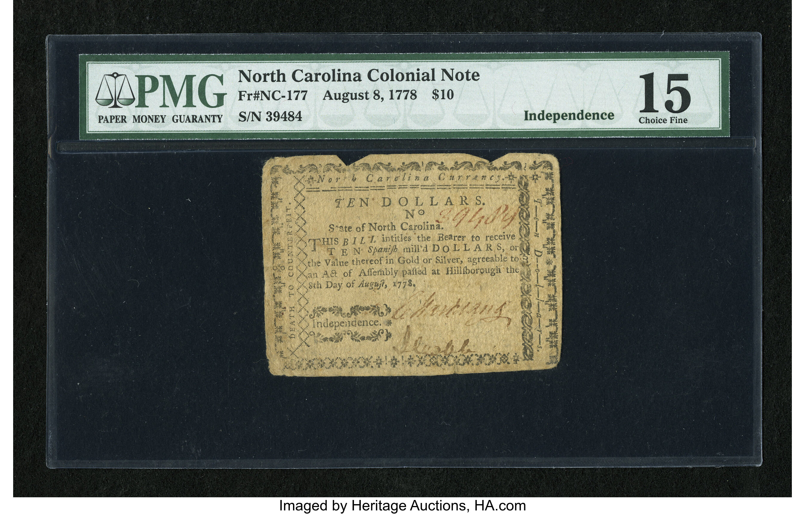 image for: North Carolina August 8, 1778 $10 PMG Choice Fine 15....
