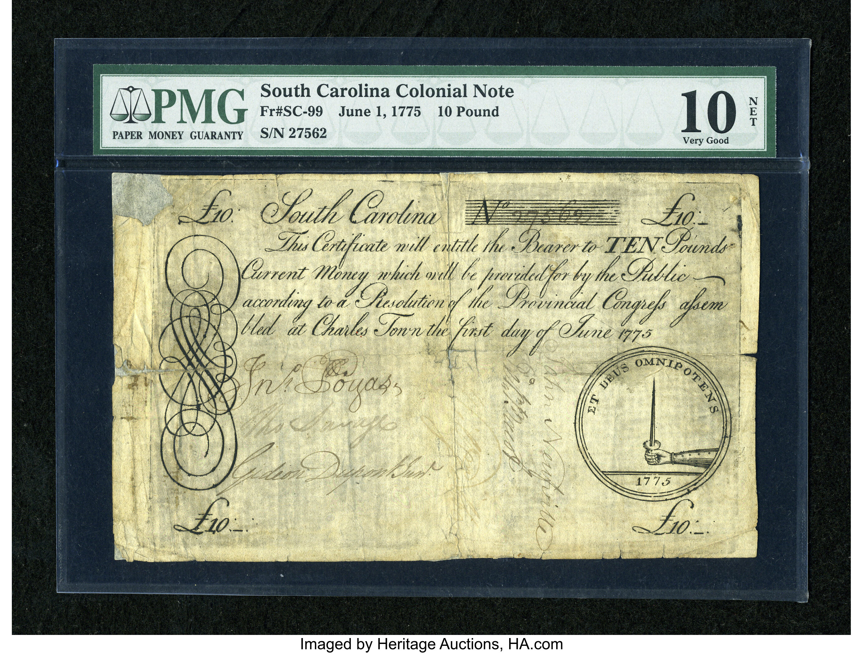 image for: South Carolina June 1, 1775 £10 PMG Very Good Net 10....