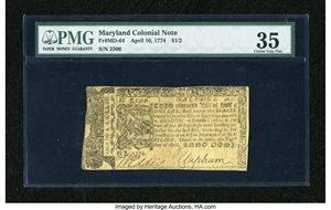 image for: Maryland April 10, 1774 $1/2 PMG Choice Very Fine 35....