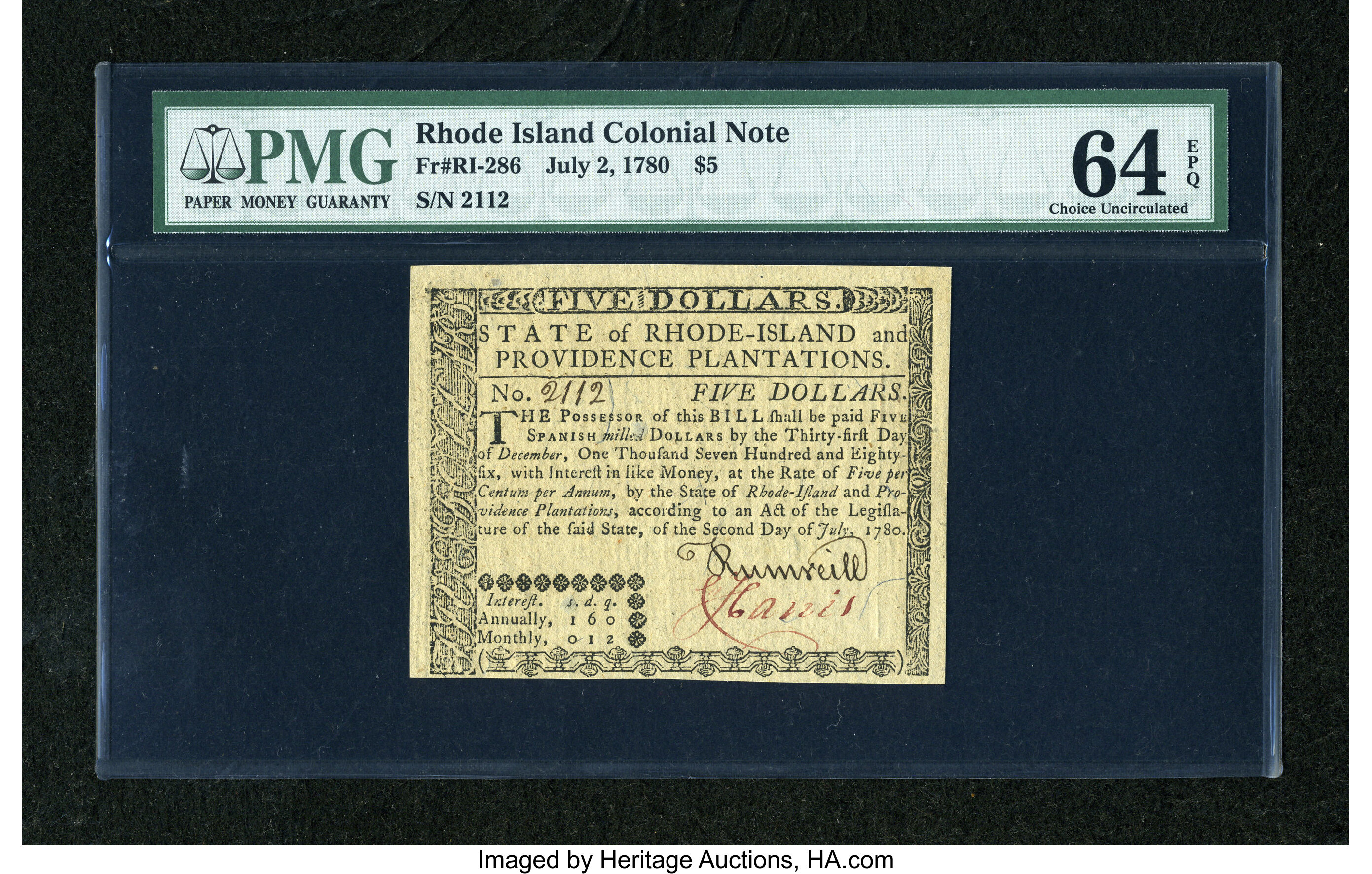 image for: Rhode Island July 2, 1780 $5 PMG Choice Uncirculated 64 EPQ....